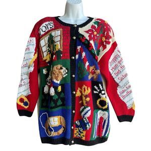 Vintage 90s EAGLES EYE Ugly Sweater Cardigan Size M Dog Cat Christmas Hand Knit